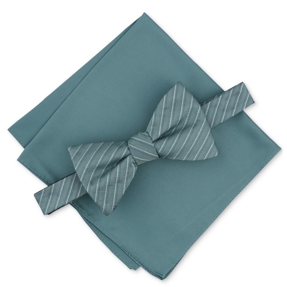 Alfani Mens Bow Tie & Pocket Square Set OS Green Herringbone Formal Necktie NWT